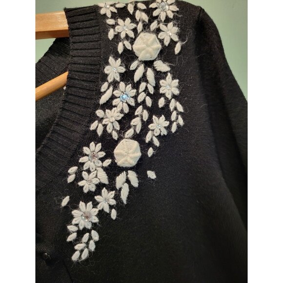 Vtg Black Ivory Floral Embroidered Rhinestone Cardigan Sweater Regencycore Sz M - Picture 4 of 9